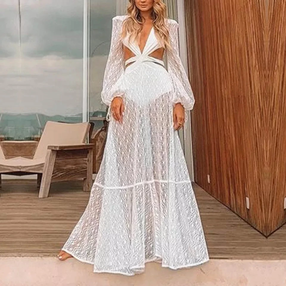 

Deep V Mesh Perspective Sexy Dress Women White Elegant Summer Dress Hollow Out Long Sleeve Club Party Dresses