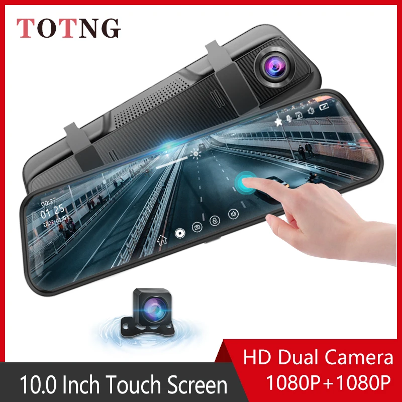 TOTNG C10 Car DVR Touch Screen Stream Media Dual Lens Video Recorder Rearview Mirror Dash Cam Front and Rear Camera
