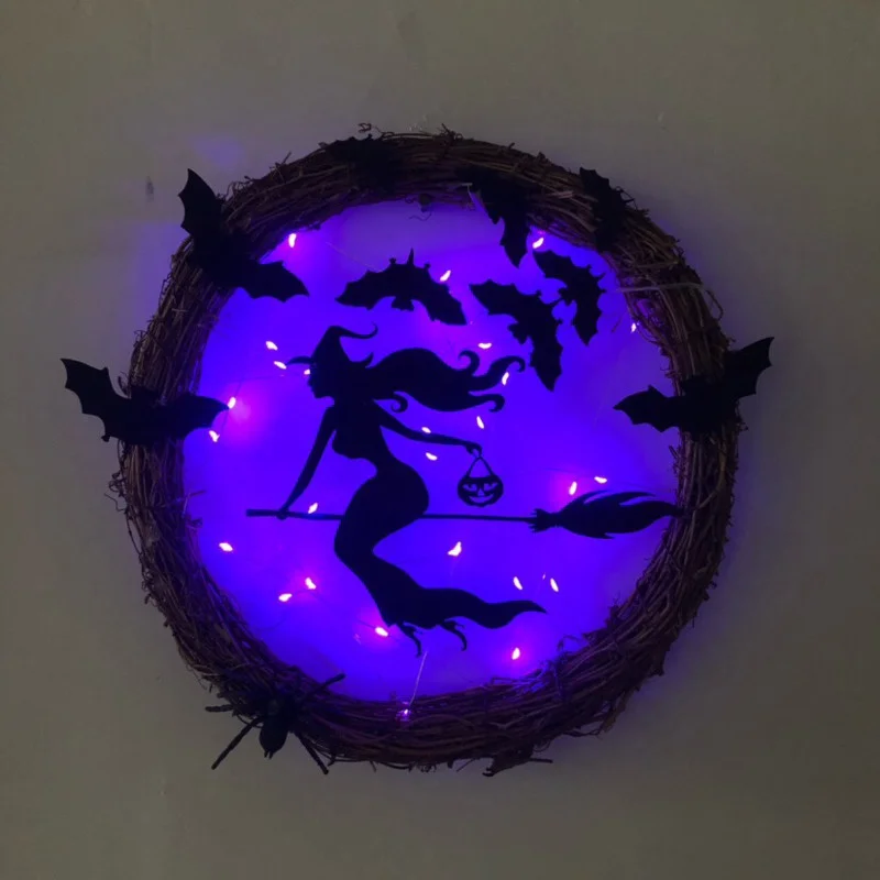 

New Halloween Wreath Light Up Accessorie Ornaments Black Bat Cat Spooky Party Wreath With Light Glowing Garland For Door Wall