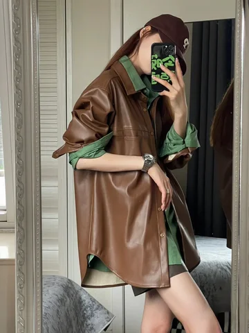 Корейская модная куртка из искусственной кожи с длинными рукавами, блестящее пальто из искусственной кожи для девочек на осень и зиму, Свободное пальто