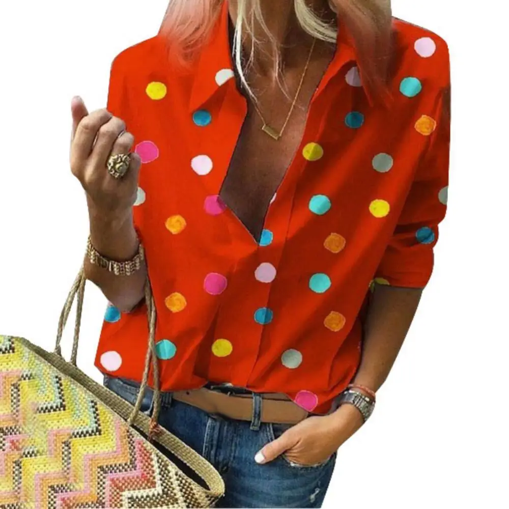 

Женская рубашка в горошек, с отложным воротником и длинным рукавом