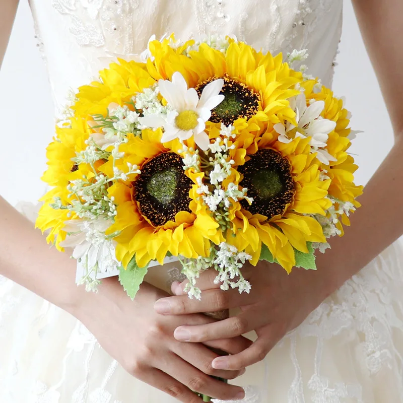 

Handmade Bridal Bridesmaid Bouquet Wedding Hand Holding Floral White Yellow Sunflower Daisy Artificial Flowers European Style