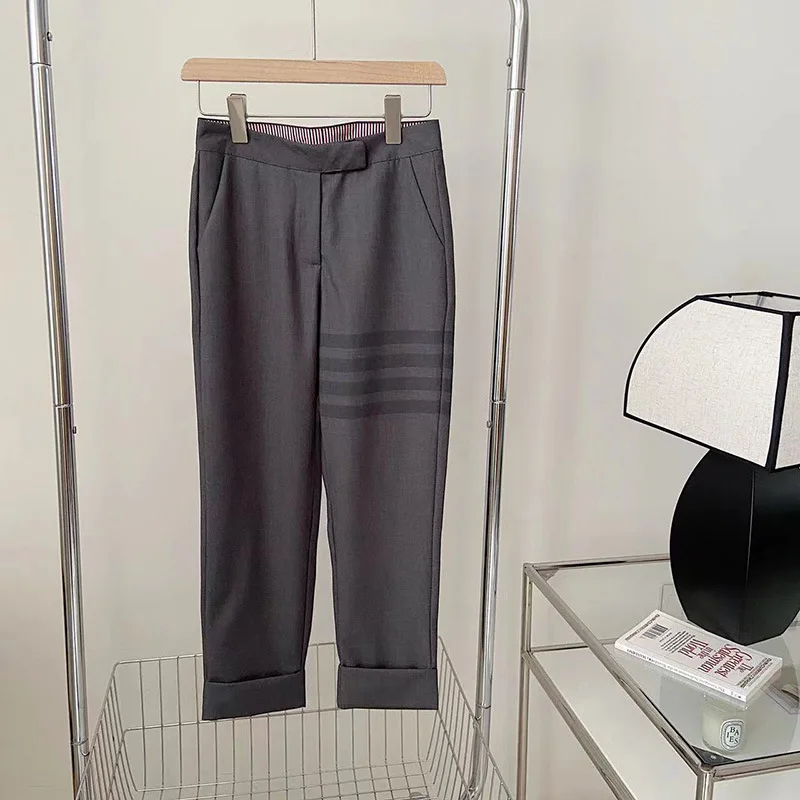 TB Thick Trousers Women's Spring and Autumn New Gray Pants Casual Trousers High Waist Thin Smoke Tube Pants Straight Suit Pants