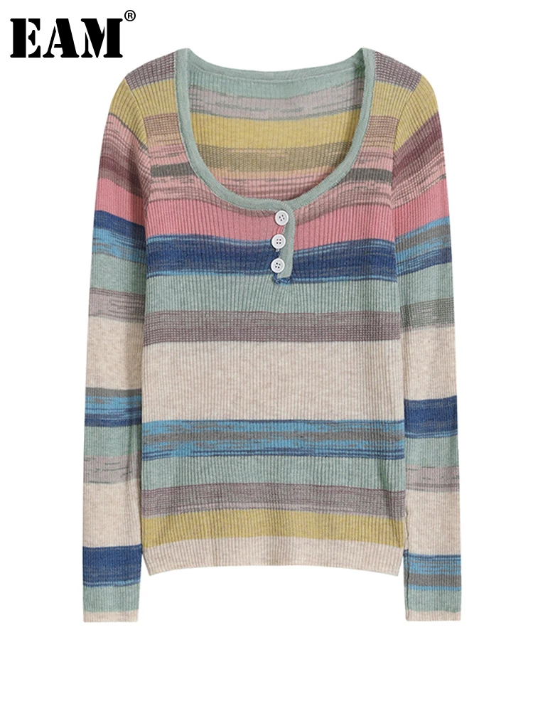 

[EAM] синий полосатый вязаный свитер, свободный крой, круглый вырез, длинный рукав, женские пуловеры, новая мода, Осень-зима 2022 1DF1446