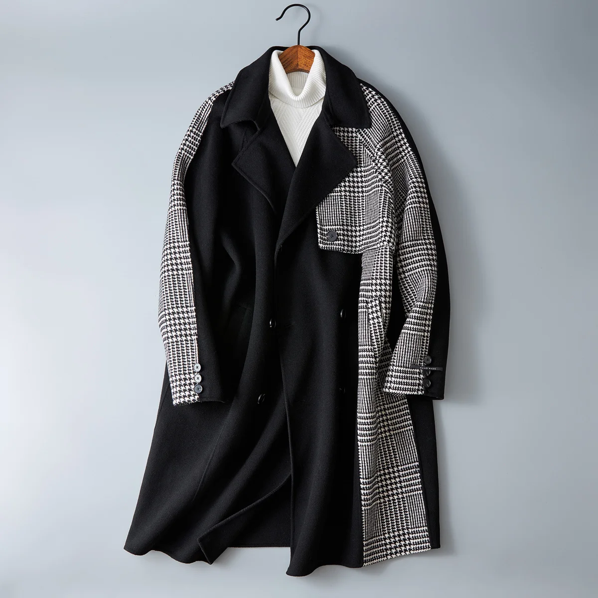 

Трендовая Мужская шерстяная куртка сезона осень-зима 2023, длинное двуоборотное пальто в клетку, Тренч, корейская мода, элегантная ветровка