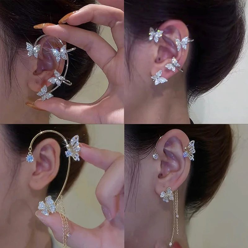 

Серебряные Зажимы Стразы в форме бабочки для ушей без пирсинга для женщин, серьги-каффы для ушей с зажимом, свадебные украшения