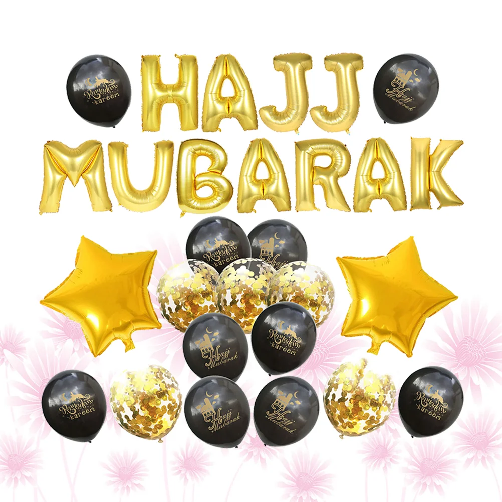 

HAJJ MUBARAK Letter Foil Balloons Decorative Celebrative Background Layout Balloons Set for Eid Al- (Black and )