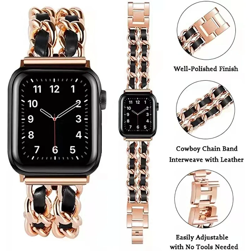 

Strap For Apple Watch Series 7 41 45mm Chain Link Leather Bracelet For iWatch Band SE 654 3 42 44mm 40 38mm Lady Metal Wirstband