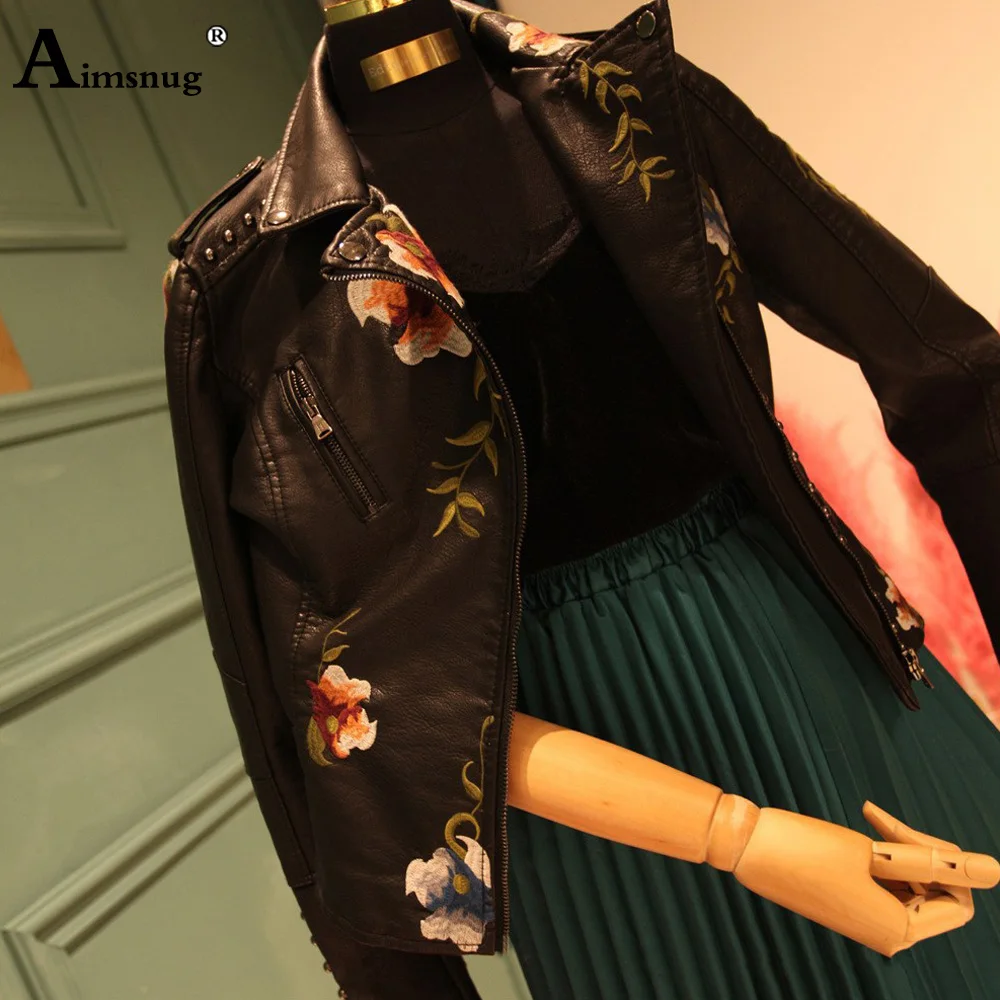 Women Faux Pu Leather Jackets 2022 Autumn Boho Flower Print Tops Outerwear Female Pocket Zipper Coat Vintage Moto & Biker Jacket enlarge