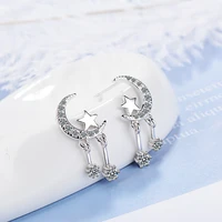 wholesale luxury 925 stamp silver color zircon earrings star moon tassels studs earring fashion women wedding fine jewelry gift