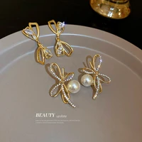 lovoacc elegant 2 styles spark rhinestones bowknot earring for women gold color metal simulated pearl knotted dangle earrings