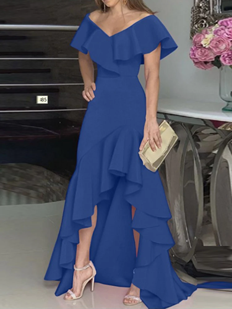 

Sexy Deep V Neck Ruffle Hem Solid Long Dress Women Elegant Off Shoulder Irregular Boho Dress Summer Casual Backless Party Dress
