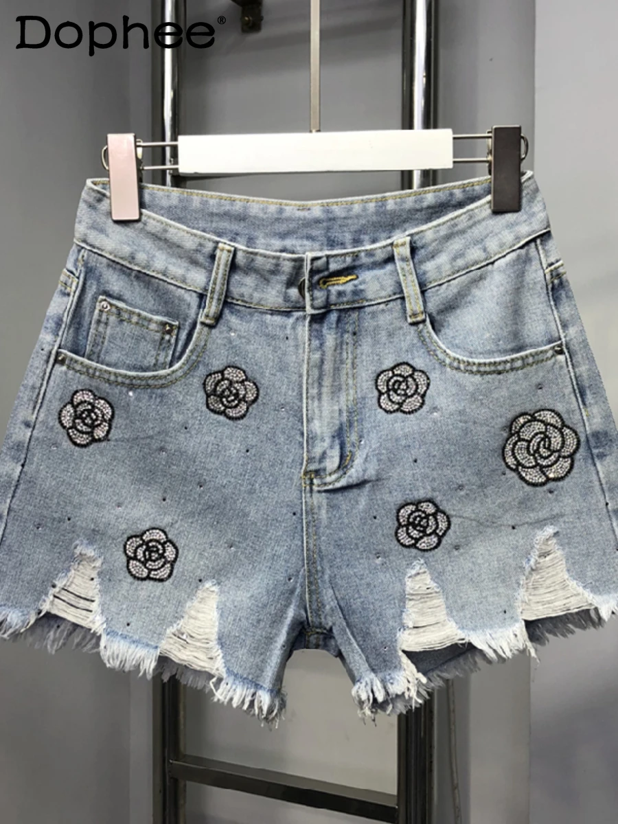 

Heavy Embroidery Hot Drilling High Waist Slimming Denim Shorts Women 2022 Summer New Thin Ripped Wide-Leg Shorts Jeans Hot Pants