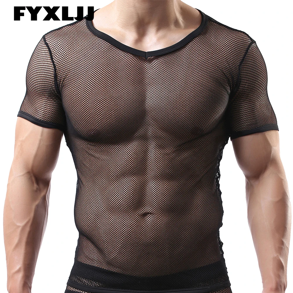 

FYXLJJ Men Mesh See Through Fishnet T-shirt Man Sexy V Neck Short Sleeve Transparent Tee Tops Homme Hip Hop Streetwear Camisetas