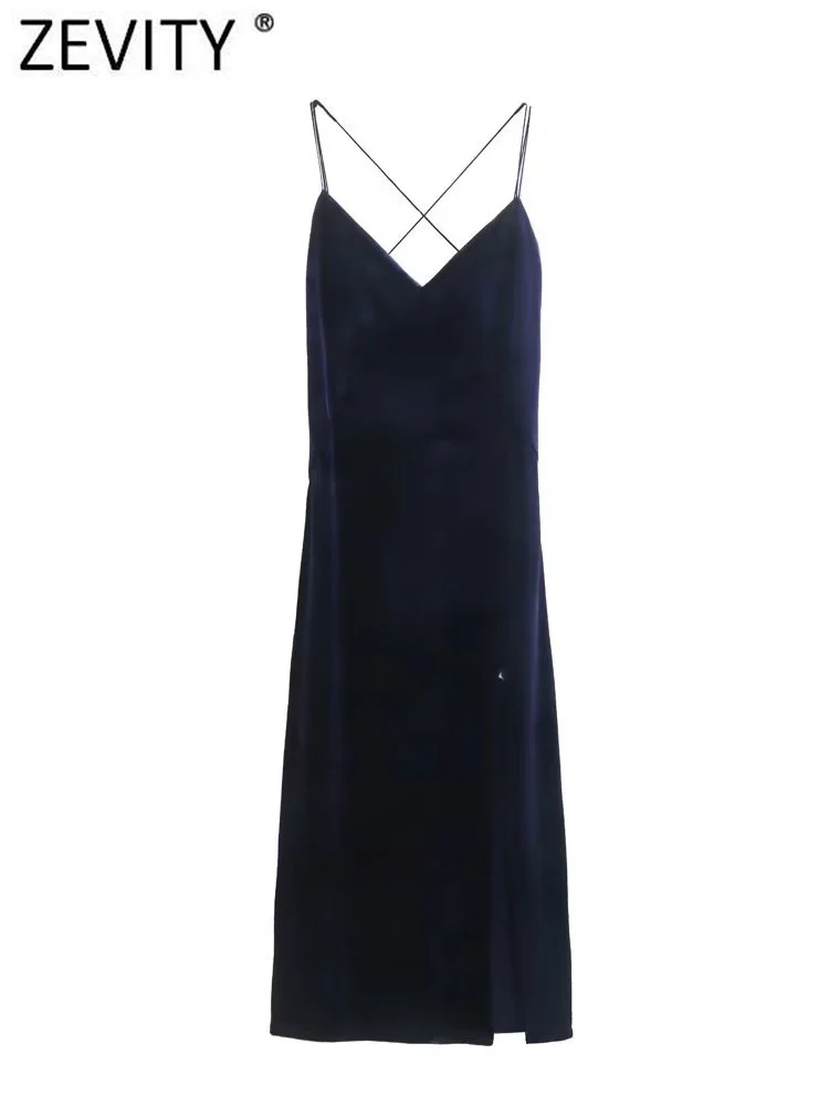 

Zevity Women Sexy V Neck Spaghetti Strap Split Velvet Midi Dress Female Chic Backless Lace Up Inner Style Casual Vestidos DS3006