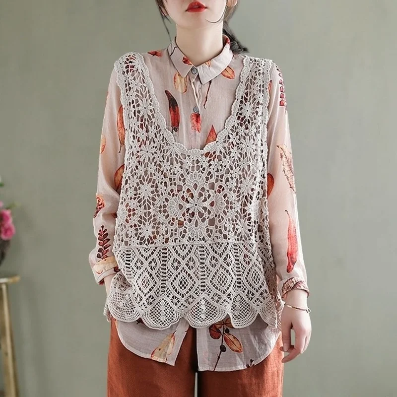 

Summer Clothing Retro Hollow Ladies Knitted Vest Spring New Loose Korean Fashion Large Size Thin Outer Sleeveless Vest X318