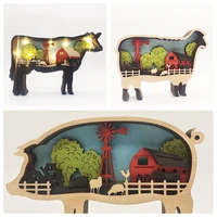 farm pig cattle sheep decoration crafts wooden hollowed creative led light desktop ornaments christmas home decor