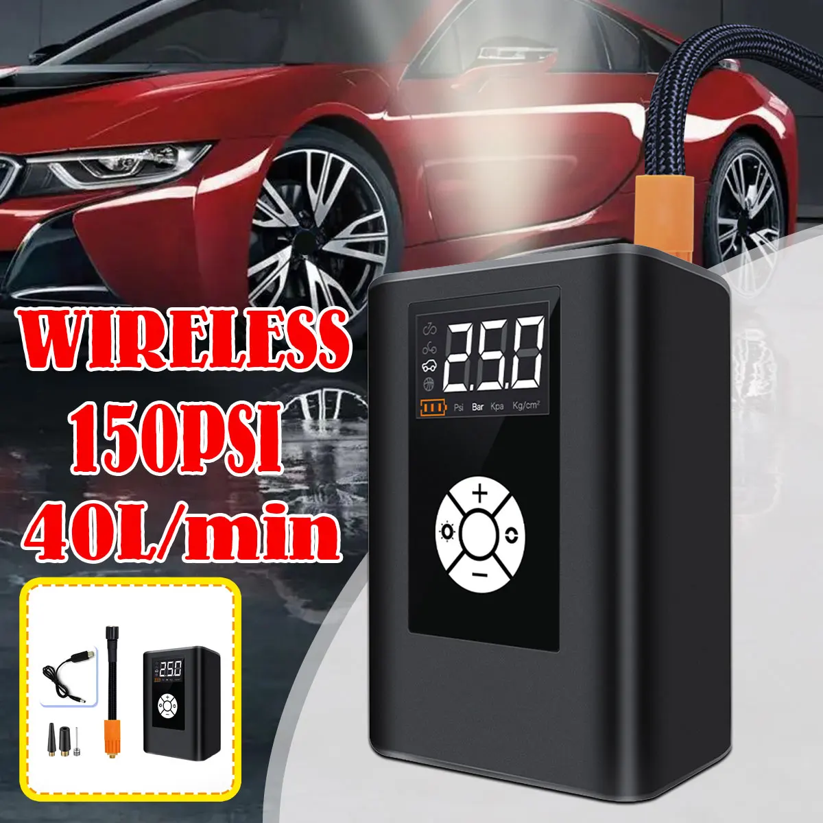 

Wireless Tire Inflator 150PSI 40L/min Portable Air Compressor 4 Modes Digital Air Pump W/ LED Light for Car Bicycle Motorcycle