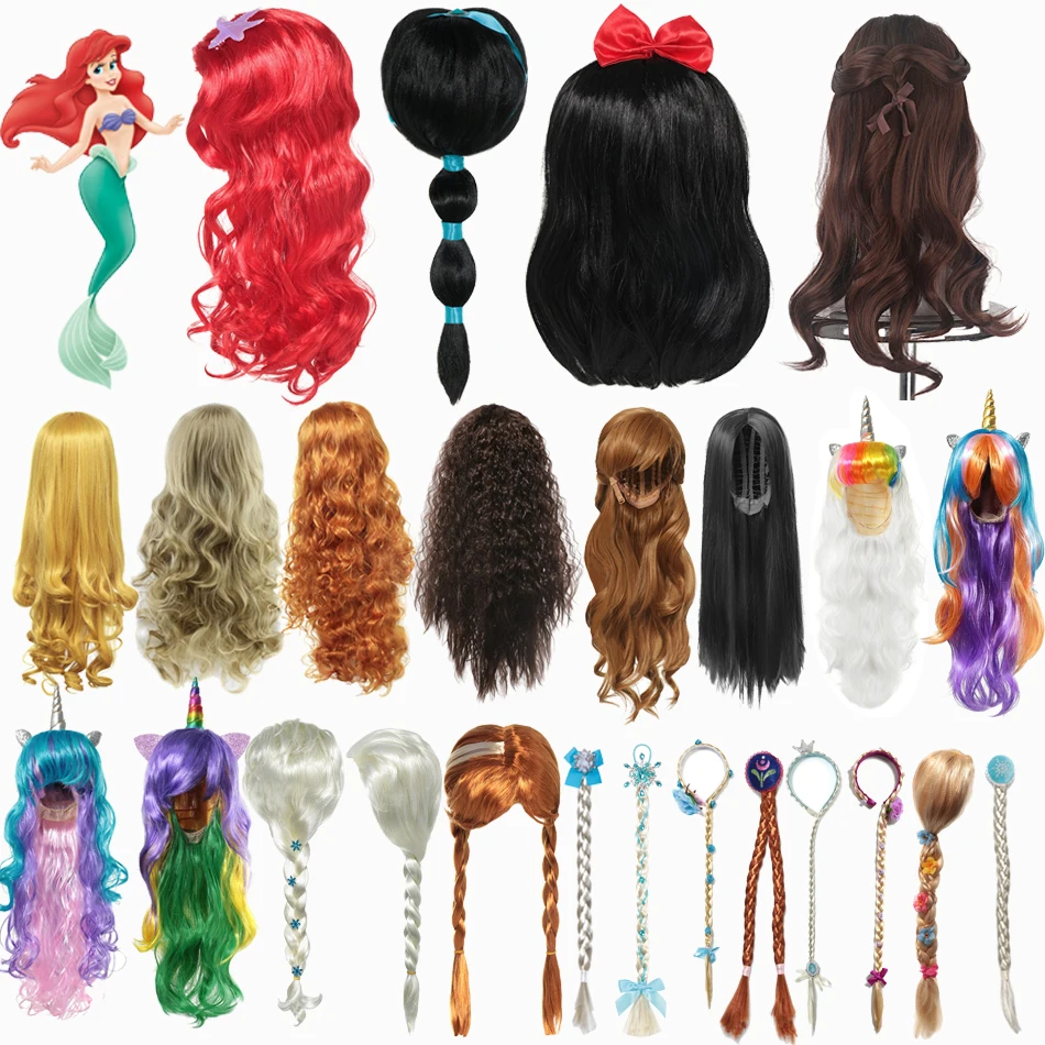 Disney Frozen Princess Girls Anna Elsa Cosplay Wig Kids Little Mermaid Ariel Red Wig Jasmine Rapunzel Belle Hair Accessories