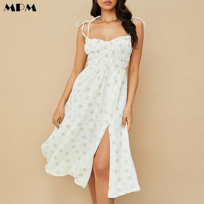 

Summer Floral High Slit Dress Loose Fashion Women's Backless Suspender Dresses Casual Ladies Beach Sundress 2022 New
