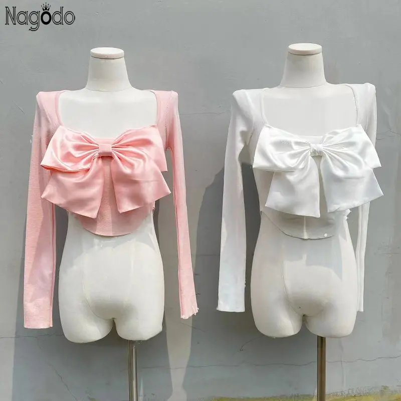 

Новинка, корейский шикарный кавайный короткий топ с вышивкой и бантом, летняя блузка, короткий топ с длинным рукавом Y2k, милая женская футболка