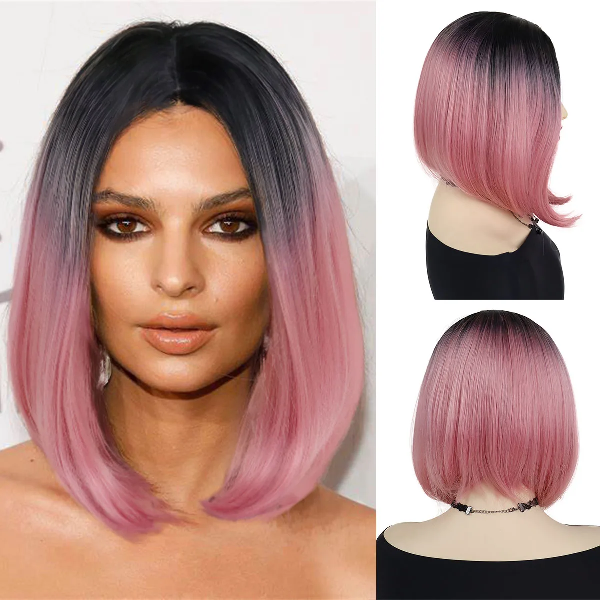 

GNIMEGIL Synthetic Wigs Ombre Two Tone Pink Short Straight Bob Wigs for Women Middle Part Lolita Cosplay Halloween Natural Hair