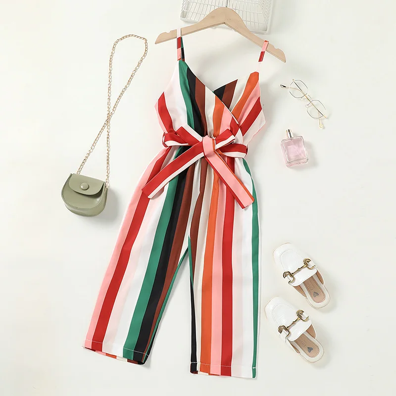 

2022 Jumpsuits Children Overalls Neck Belted Girls Stripe Jumpsuit Clothing Romper Summer Kids Baby Fashion Sleeveless