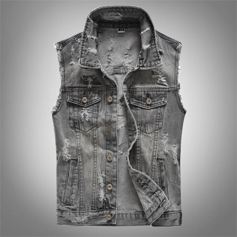 

Large Size Spring Summer Fashion Men's Denim Vest Teens Streetwear Ripped Hole Retro Solid Color Sleeveless Grey Waistcoats Male