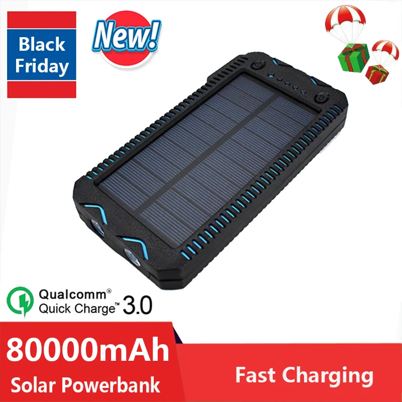 

High Capacity 80000mAh Solar Power Bank Waterproof External Battery Outdoor Travel Mobilephone Charger for Xiaomi Samsung IPhone