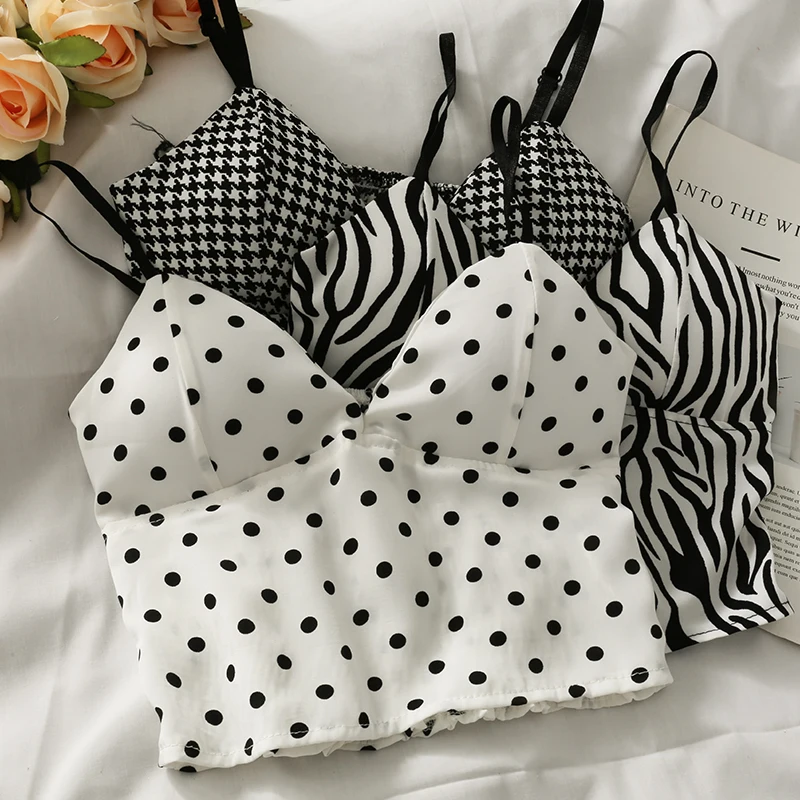 

Sexy Spaghetti Strap Tanke Top Women Built in Bra Off Shoulder Sleeveless Camisole Ins 2022 New Korean Wavelet Dots Crop Tops