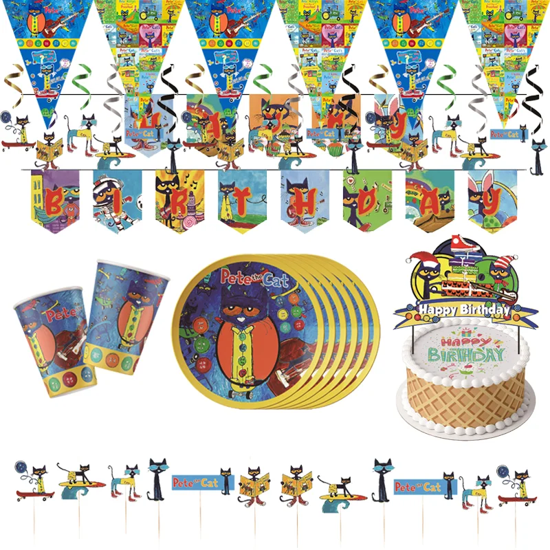 

Pete The Cat Theme Decoration Birthday Party Favors Plates for Children Kids Birthday Party Swirls Disposable Tableware Sets