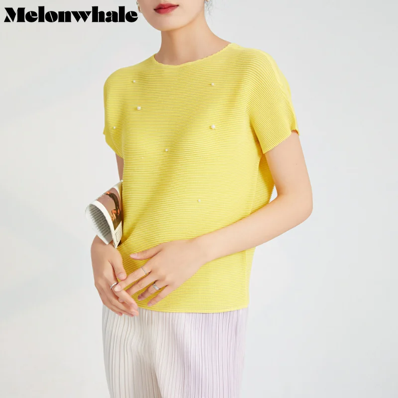 

MelonWhale Miyake Pleated Tops O Neck T-shirt Pearls Solid Short Sleeve Casual Top Women Elegant Fashion Summer Women Clothing