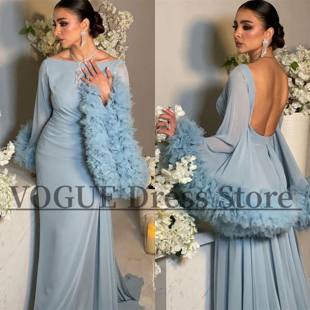 

Saudi Arabia Ruffles Full Sleeves Evening Dresses for Musilm Floor Length Scoop Neck Sheath Party Dress Long vestidos de gala