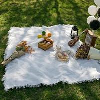 ins style simple knitted tassel blanket multifunctional white outdoor camping picnic mat home sofa nap blanket