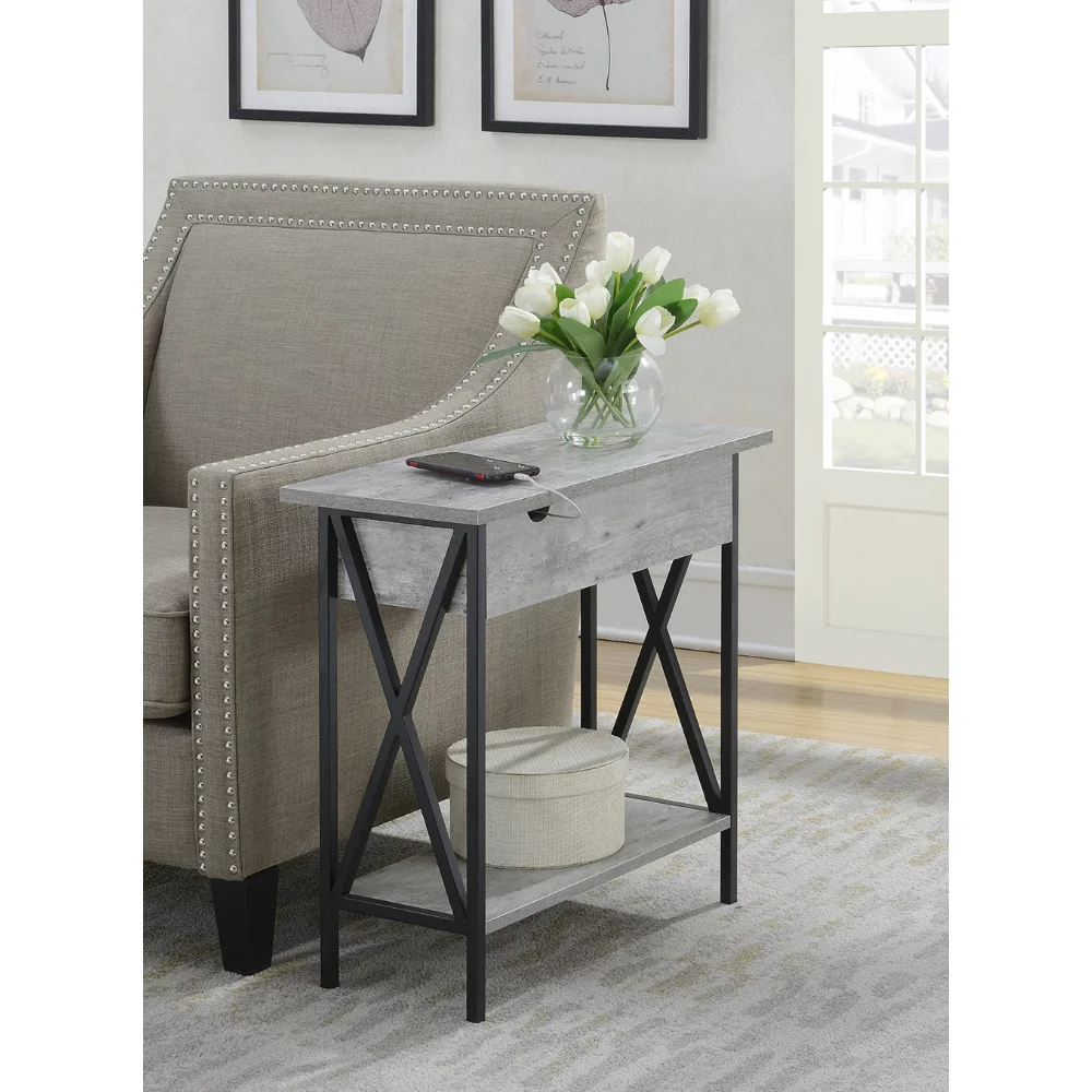 

Tucson Flip Top End Table with Charging Station and Shelf, Faux Birch/Black Cafe Tables Sofa Side Table for Bedroom Living Room