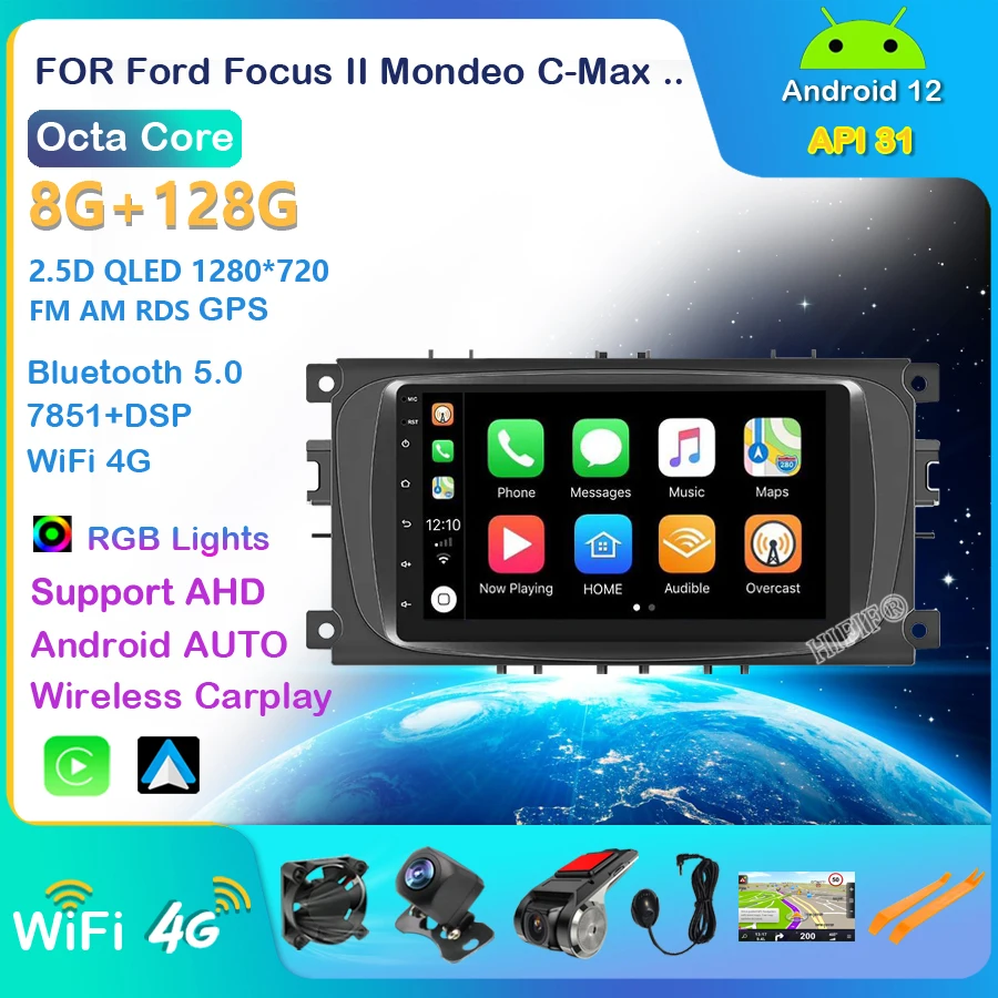 Android 12 2 din Car Radio Car Radio For Ford Focus II Mondeo C-Max Galaxy Kuga CarPlay Multimedia Player Autoradio