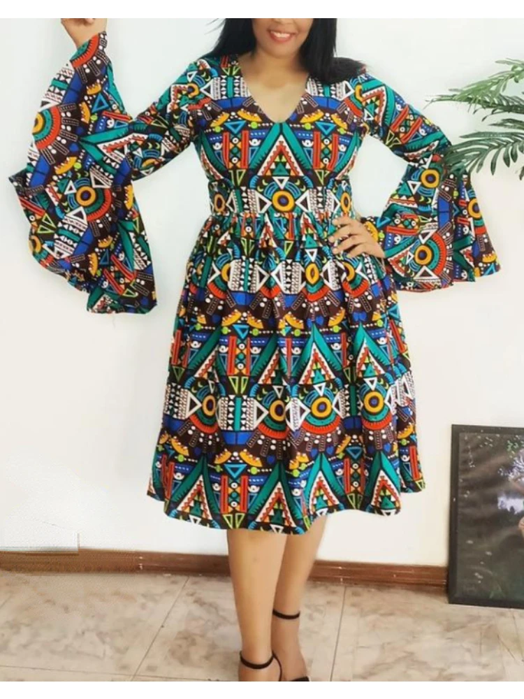 

AOMEI Printed Midi Dress Women Vintage Flare Sleeve V Neck Pleated Ball Gown Classy Office Party Formal Retro Oversized Fashion