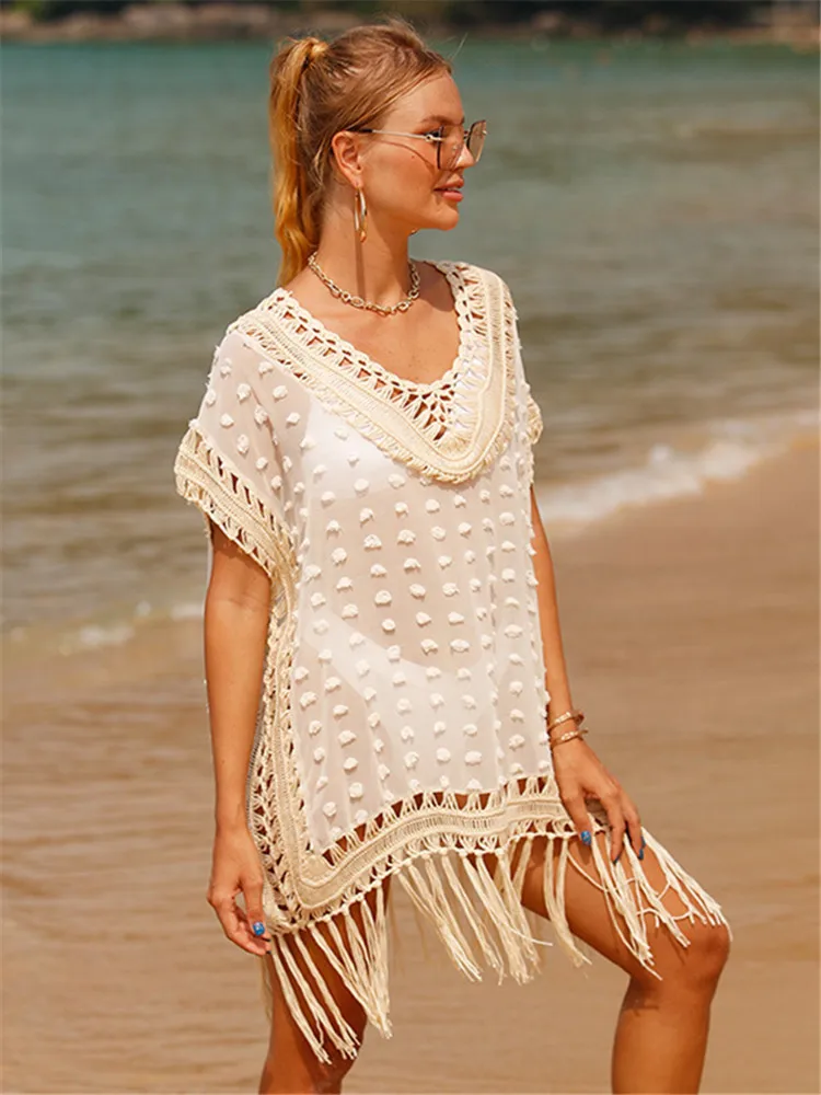 

Tassel Beige Beach Tunic for Womens Beach Cover Ups Rib Solid V-neck Knitted Beachwear Ladies Swimming Coverup 2023 Freeshipping