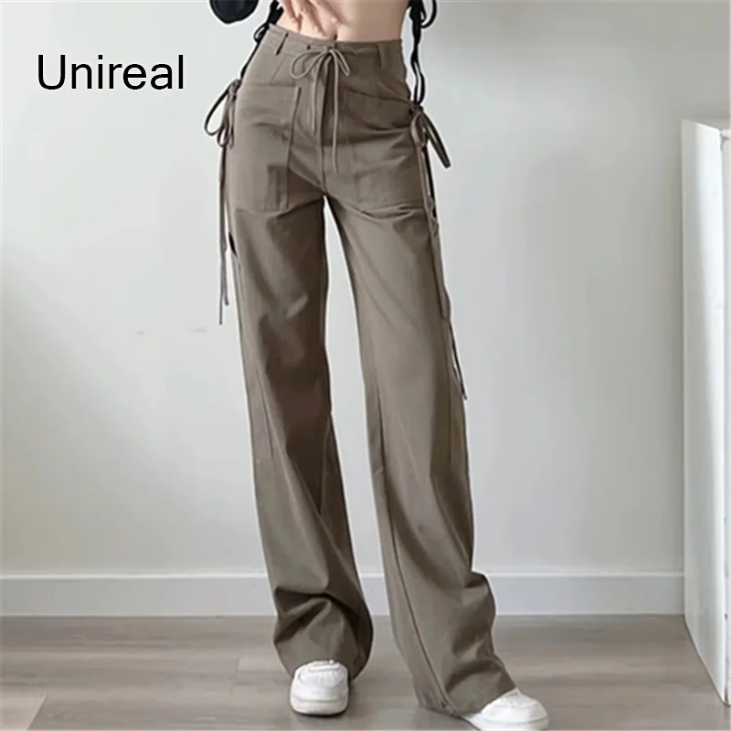 

Женские брюки с широкими штанинами Unireal, лето-осень 2022, повседневные длинные брюки со шнуровкой