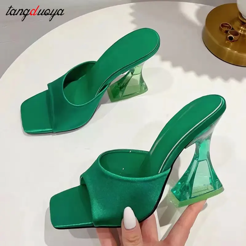 

slippers women designer shoes summer sandals 2022 Women's Silky Wide Band Transparent High Heel Comfortable Green Sandals Heels
