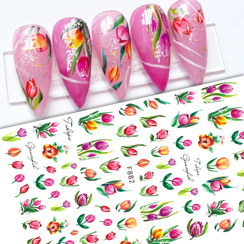 

New Summer 3D Nail Sticker Art Sliders Color Painted Tulips Flowers Stickers for Nails Manicure Decals Decoraciones Accessories