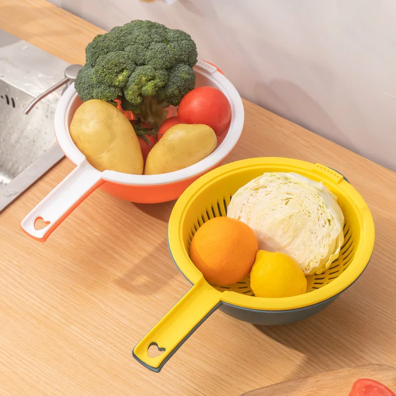 

Kitchen Double-layer Can Be Hung With Long Handle Rice Washer Vegetable And Fruit Cleaning Drain Basket Filter Wash Basin