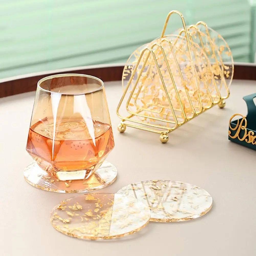 

Acrylic Gold Foil Coaster Heat Insulation Table Mat Anti-skid Cup Holder Milk Mug Coffee Cup Place Mats Kitchen Table Decorative