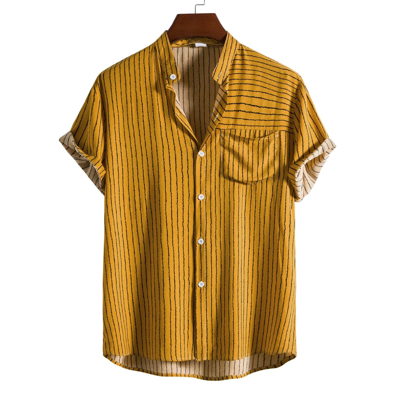 

Blue N Men Casual Button Down Tops Shirt Striped Printed Top Summer Short Sleeve Stand Collar Non Shrinking T Shirts for Men