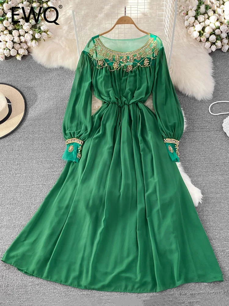 

EWQ Diamonds Patchwork O-neck Long-sleeve Shirring Solid Color High Waist A-line Women's Dress 2023 Summer New Dresses 27SN3274