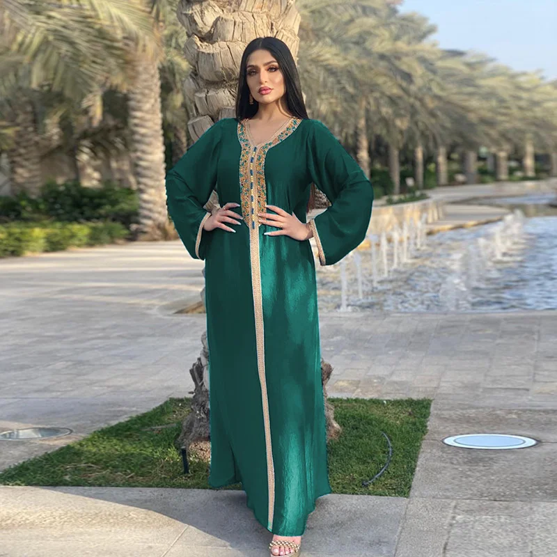 

Women Maxi Dress Morrocan Kaftan Hot Diamond Ribbon Lace Abaya Dubai Muslim Fashion Robe