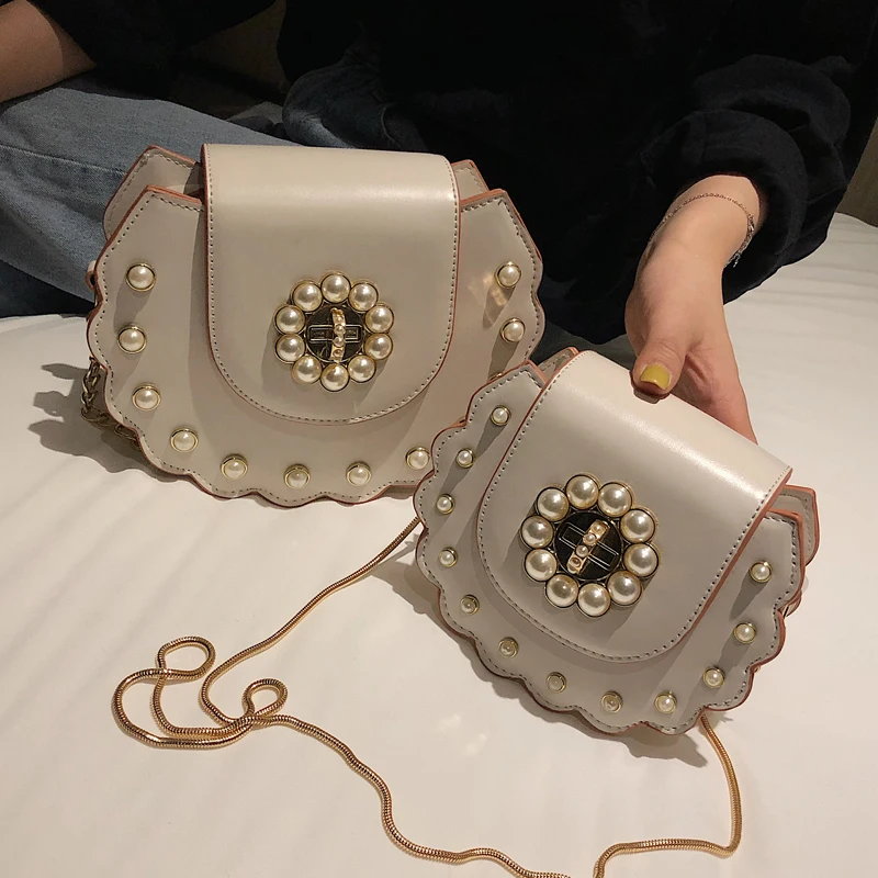 

2020 Summer New Saddle bag High Quality PU Leather Flip bag Women's Designer Handbag Pearl Lock Chain Shoulder Messenger Bags