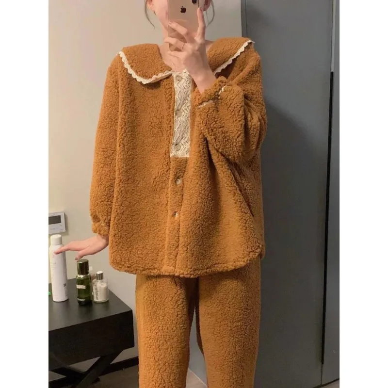 Девочьи милые кружевные пижамы из кораллового флиса женские зимние стильные