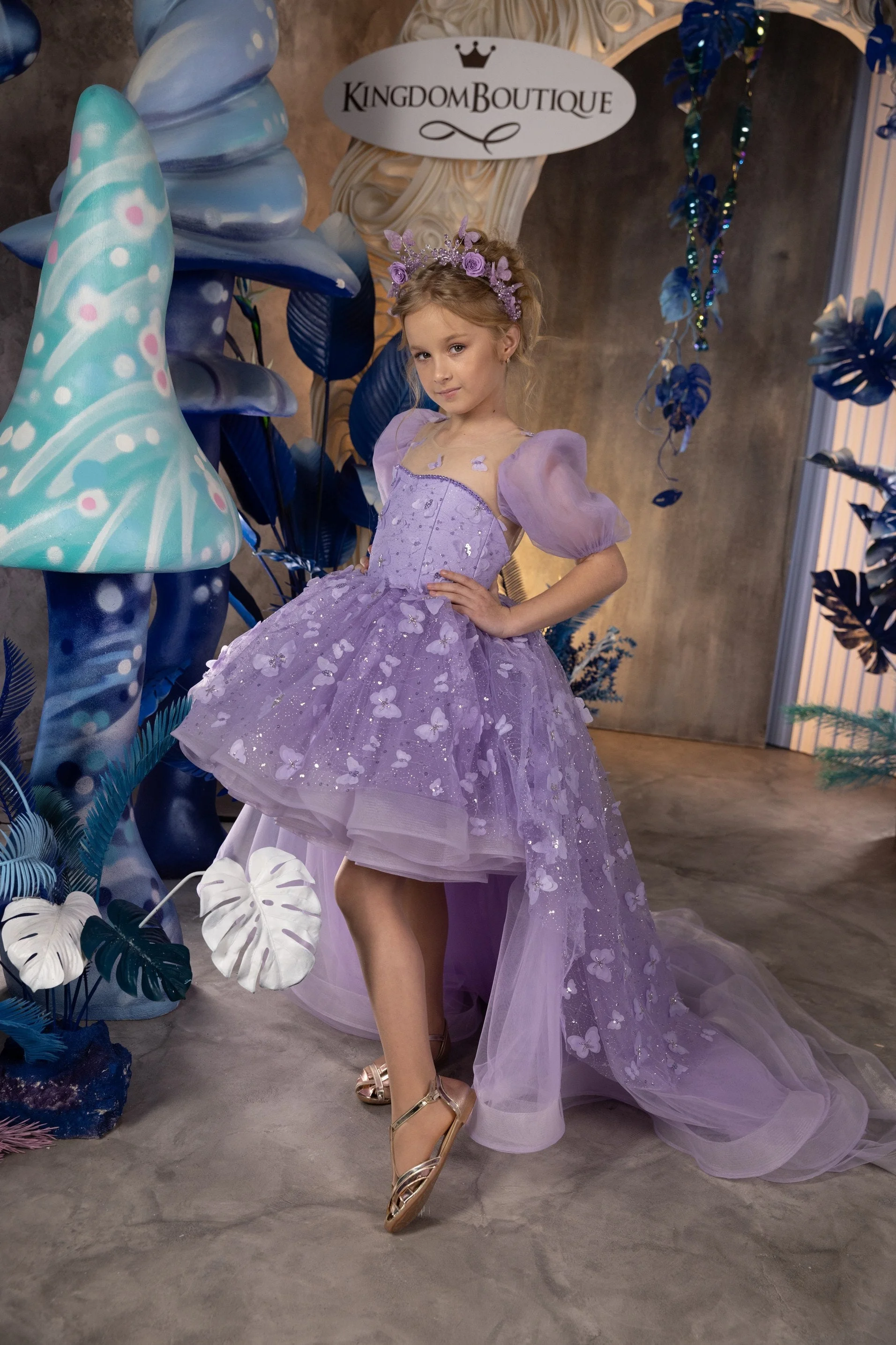 Сиреневые платья с цветочным узором для девочек на свадьбу тюлевое платье