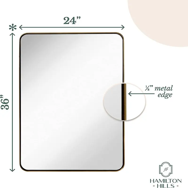 

Gorgeous Gold 24" x 36" Brushed Metal Wall Mirror with Rounded Corners | Deeply Set Glass Panel Design | Hangs Horizontally or V